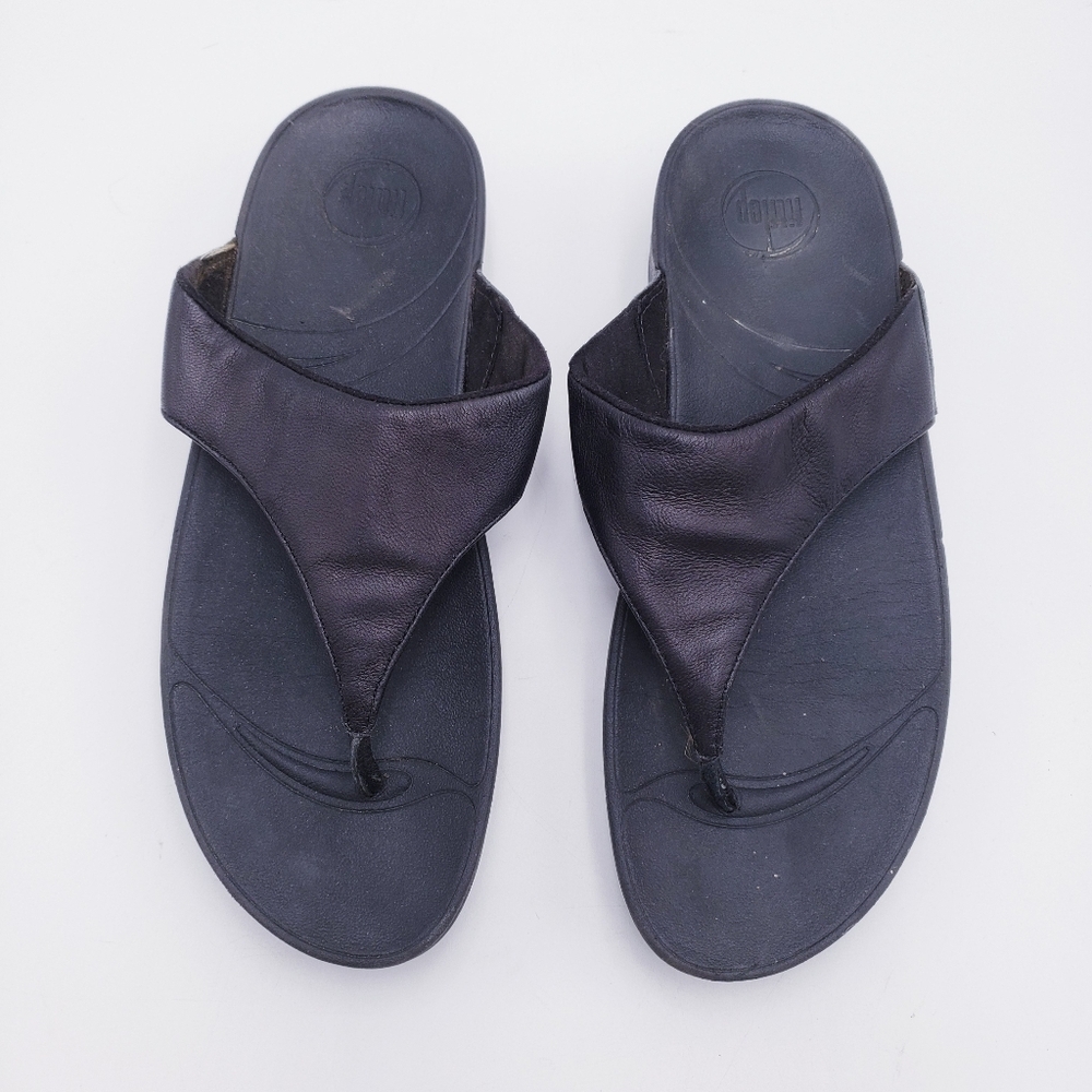 FitFlop Women's Size 10 Lulu Leather Toe-Post Thong Sandals Black Slip On Casual